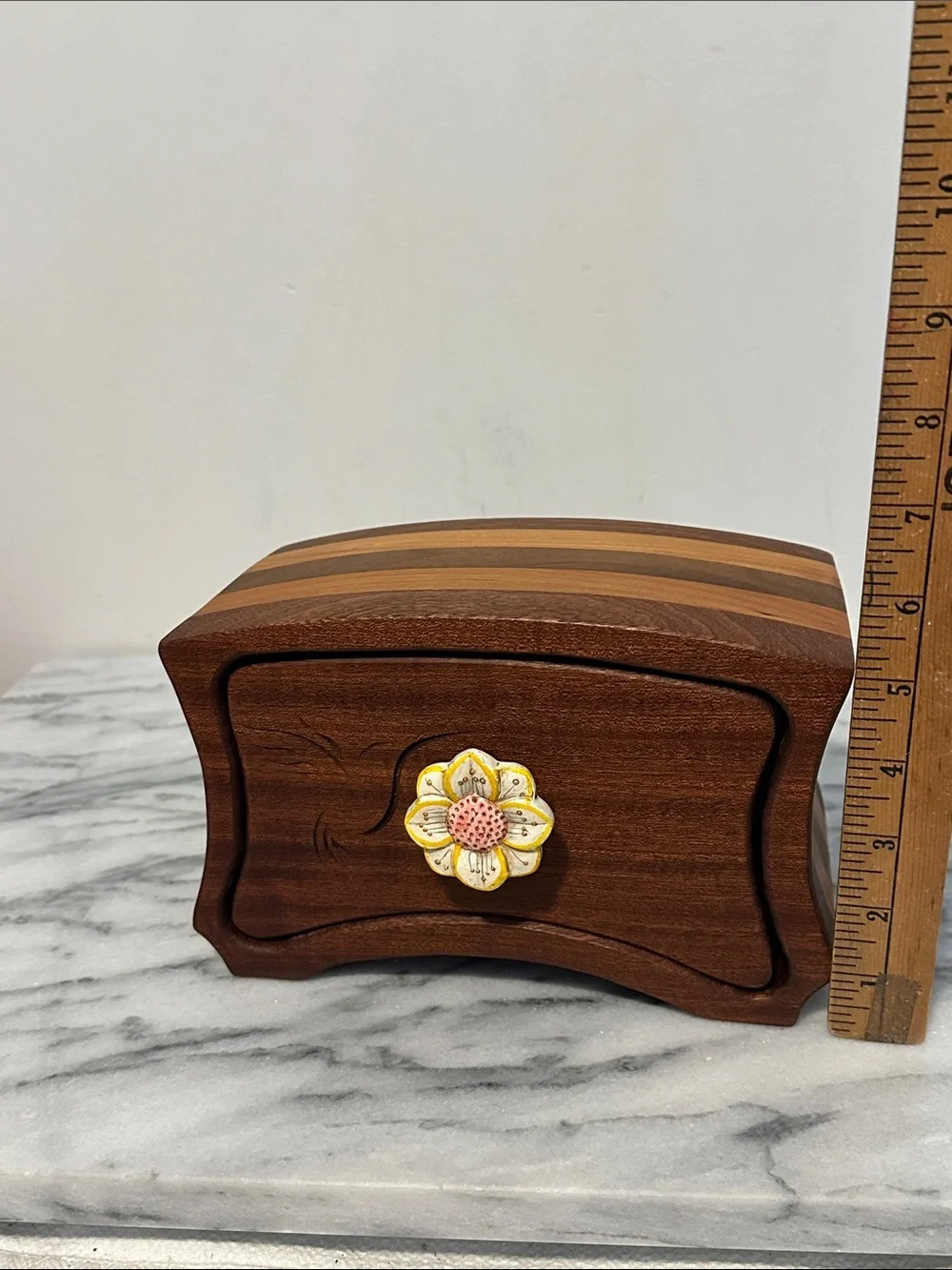 Hand made bandsaw Wooden Jewelry Box with Yellow Flower Knob